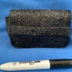 New small black beaded clutch with band & finger slot